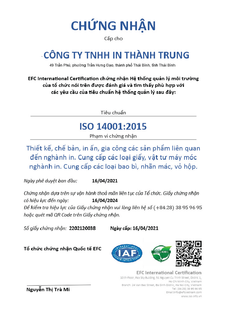 Bằng khen In Thành Trung